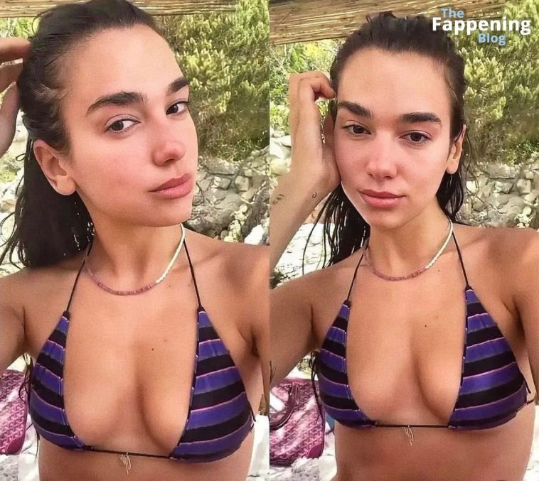 Dua Lipa Shows Off Her Tits in a Bikini Top (1 Collage Photo)