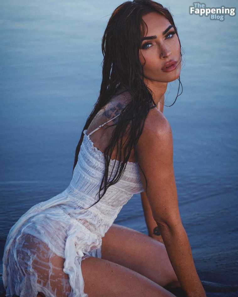 Megan Fox Poses on the Beach in a White Dress (9 Photos)