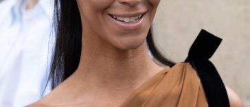 Chantal Monaghan Displays Her Pokies in a Brown Dress in Paris (7 Photos)